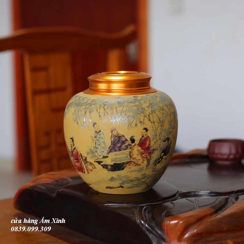 (Tử Sa) Hũ đựng trà nắp đồng 02 lớp vặn ren siêu khít loại lớn