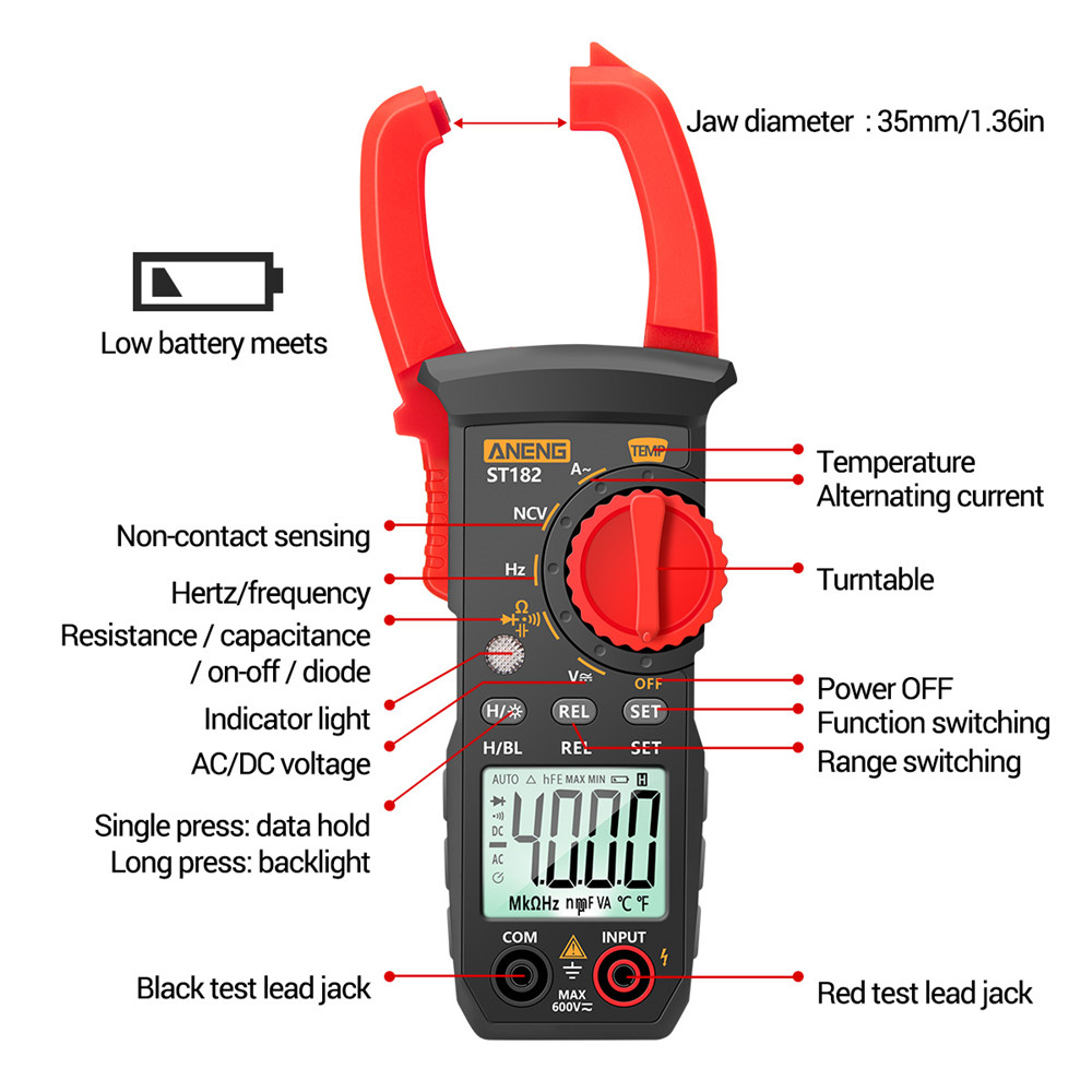 Smart Sensor 4000 Counts Digital AC Current Clamp Meter 400A Automatic Range Backlight Voltage Meter Clamp Gauge NCV Test Clamp Ammeter Universal Meter Tester Temperature /Capacitance/ Diode / AC Current / AC/DC Voltage / Resistance / Frequency
