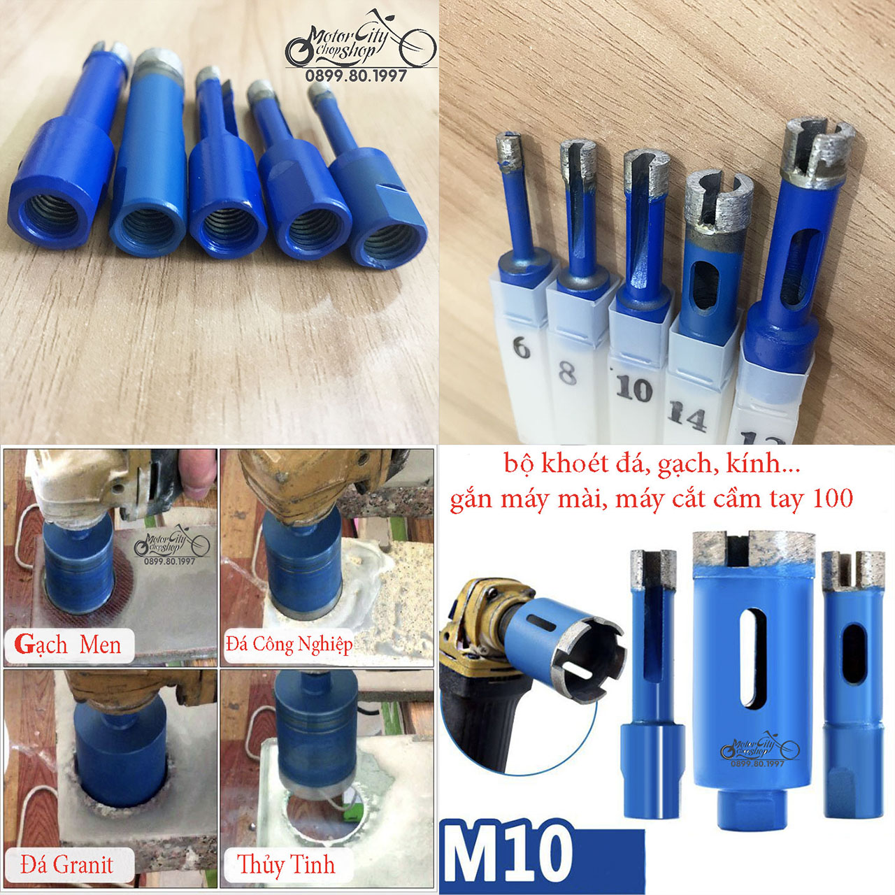 Dụng cụ khoét lỗ gạch men , đá hoa, thủy tinh... gắn máy mài cầm tay bộ 5 mũi phi 6,8,10,12,14mm