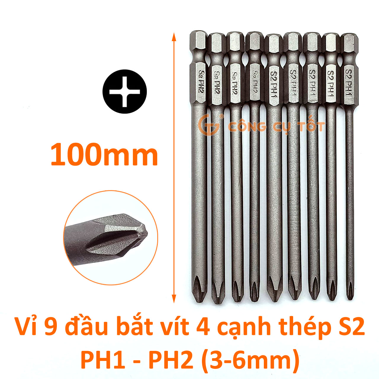 Bộ 9 đầu bắt vít 4 cạnh chuôi lục thép s2 φ3 - φ6mm dài 100mm