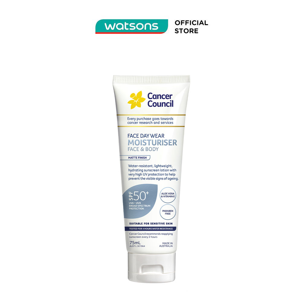 Kem Chống Nắng Cancer Council Face Day Moisturizer Dưỡng Ẩm & Chống Nước Dành Cho Da Mặt SPF50+ UVA-UVB 75ml