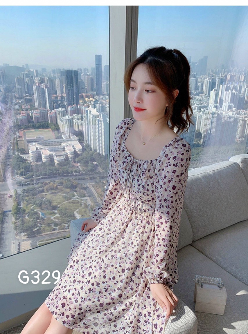 Đầm xoè voan lụa hoa nhí vintage nhấn eo G329