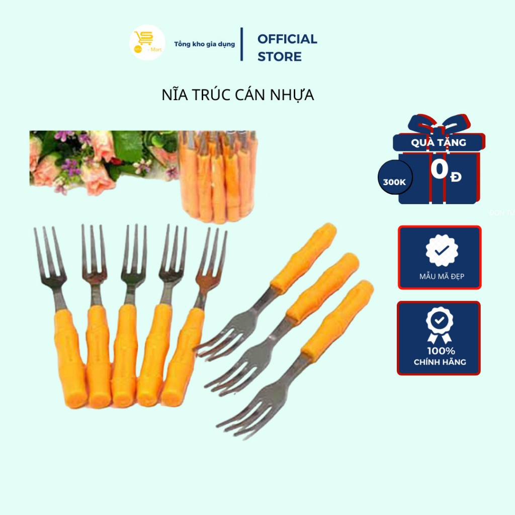 Túi 10 Nĩa Inox Cán Trúc Vàng, Nĩa Ghim, Xiên Trái Cây, Nhỏ Gọn, Tiện Lợi MTA-MART2