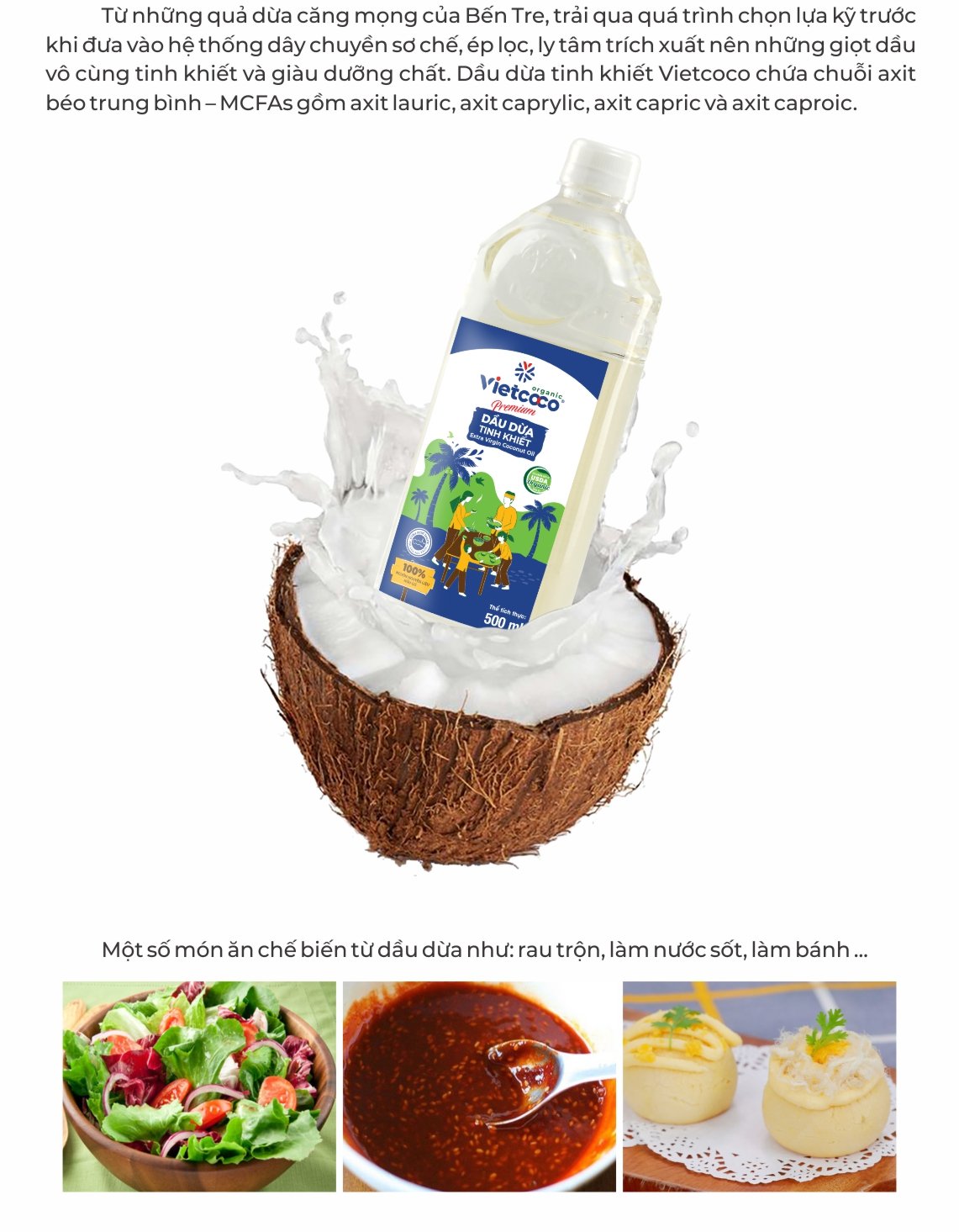 Dầu dừa tinh khiết Organic VIetcoco  (thực phẩm) - chai 500ml