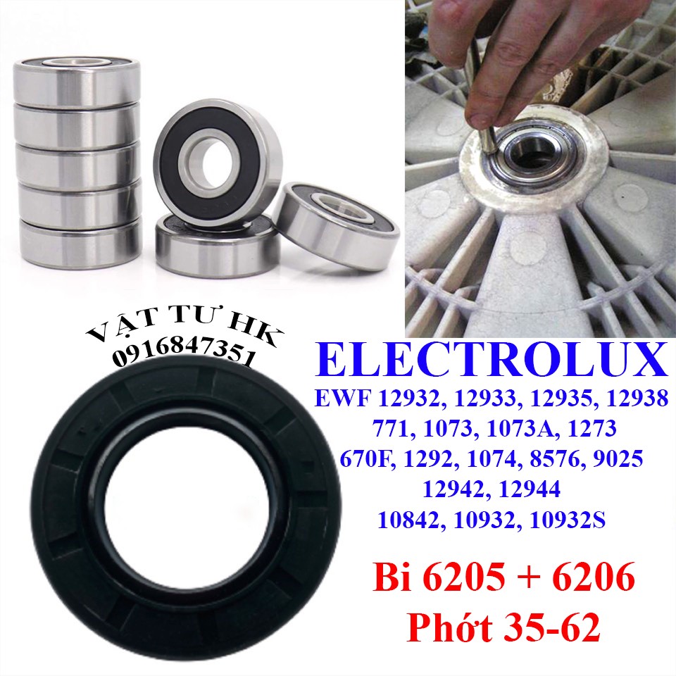 Bộ 2 vòng bi kèm 1 phớt chắn nước máy giặt electrolux nhỏ lồng ngang - mg cửa trước - phớt elec 35-62 + bi 6205+6206