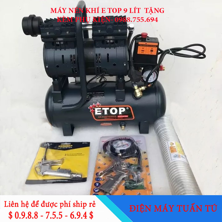 Máy nén khí Etop 9l Kèm Phụ kiện - Máy nén khí mini không dầu siêu êm kèm phụ kiện