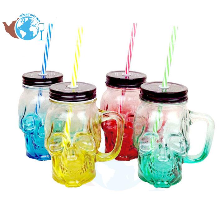 Ly quai thủy tinh trà sữa hình đầu lâu 450ml, ly thủy tinh uống sinh tố, ly trang trí, ly thủy tinh có quai