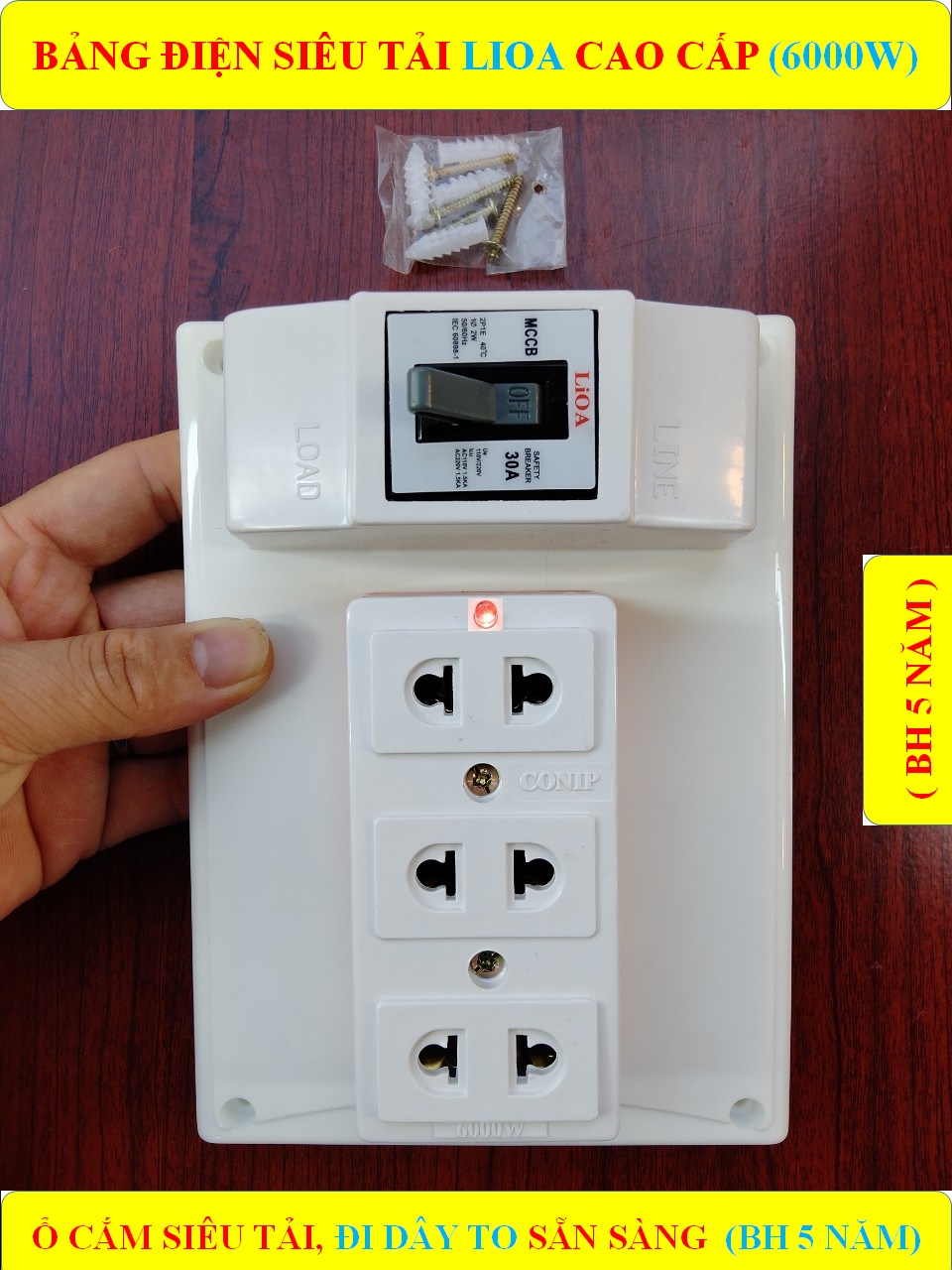 Bảng điện nổi, Táp lô điện CONIP CHỊU TẢI CAO 6000W (BH 5 NĂM) + Công tắc + Ổ cắm SỨ SIÊU TẢI 6000W lò xo chống giãn + Đã đi dây TO sẵn sàng + Bộ ốc vít lắp đặt (bộ 1 sp )