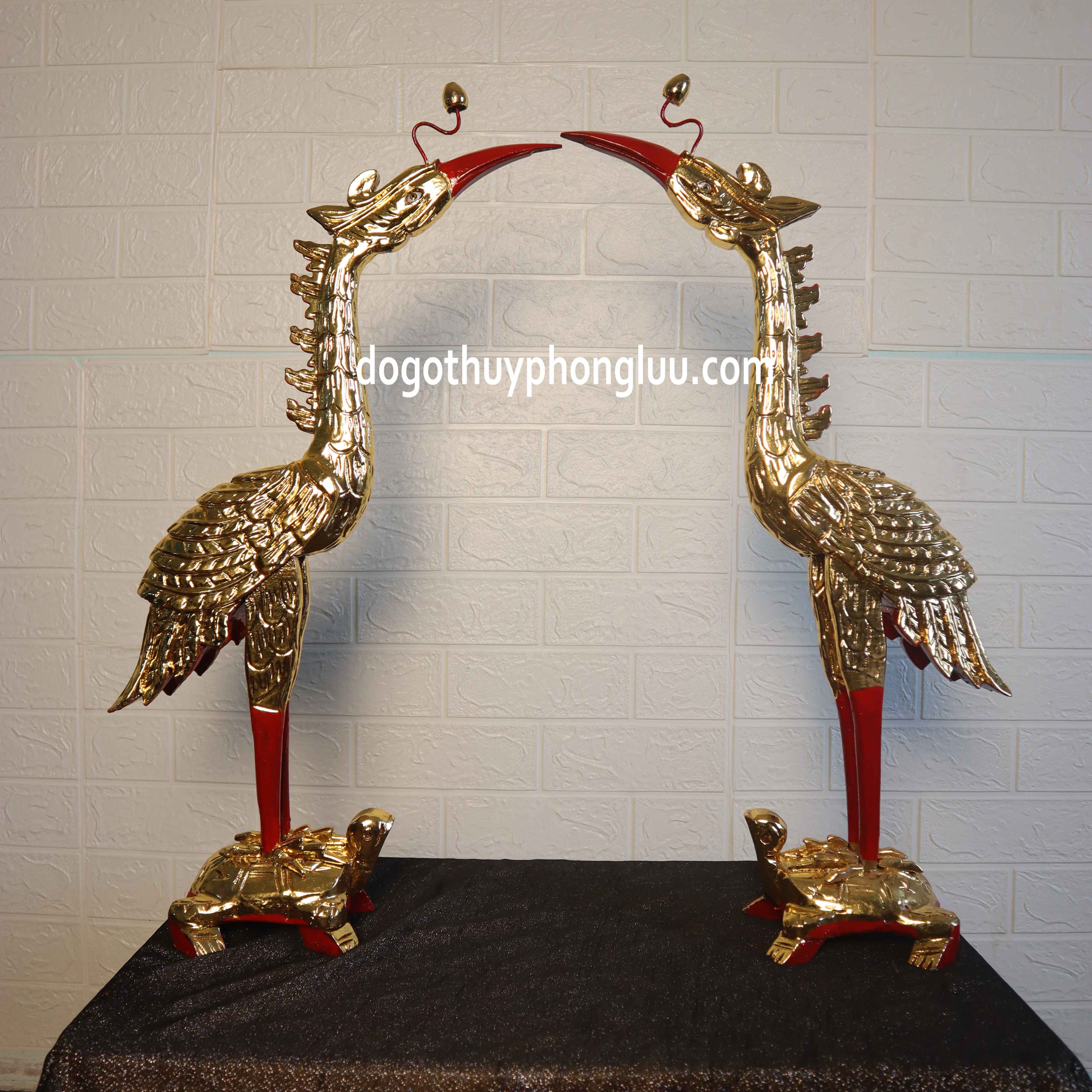 Hạc mào thờ gia tiên sắc nét gỗ mít rát vàng Cao 61,81cm