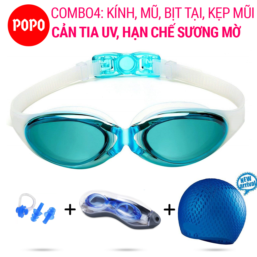 Bộ kính bơi, Mũ bơi, Bịt tai kẹp mũi POPO G300 Kính bơi chính hãng tráng gương cho người lớn, trẻ em trên 8 tuổi mắt kính bơi cản tia UV hạn chế sương mờ