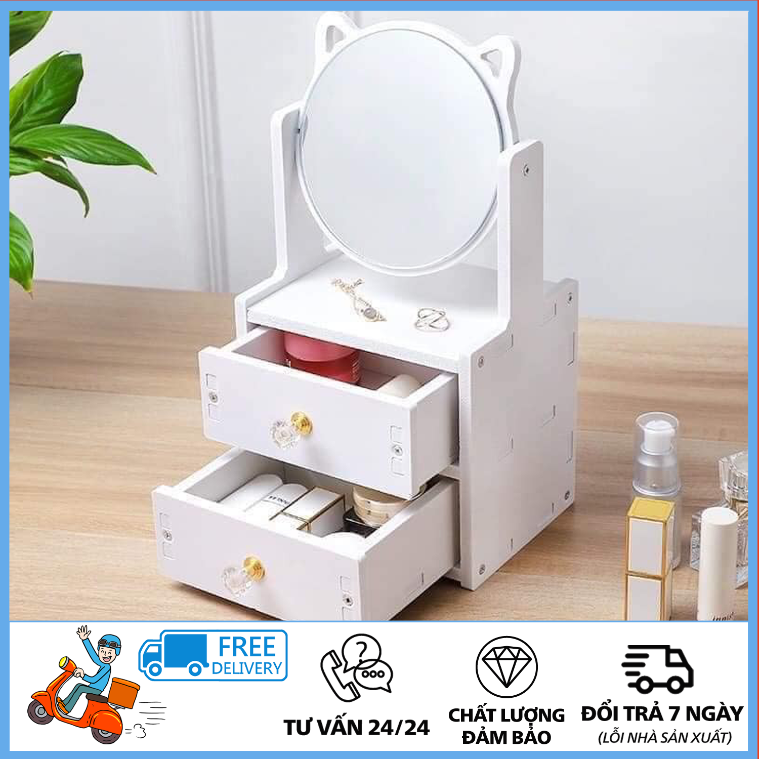 Tủ đựng mỹ phẩm - Tủ để mỹ phẩm trang điểm có gương, Tủ Mỹ Phẩm Đa Năng Có Ngăn Kéo - Size lớn - tủ để đồ trang điểm trang sức hình mèo 2 ngăn kéo