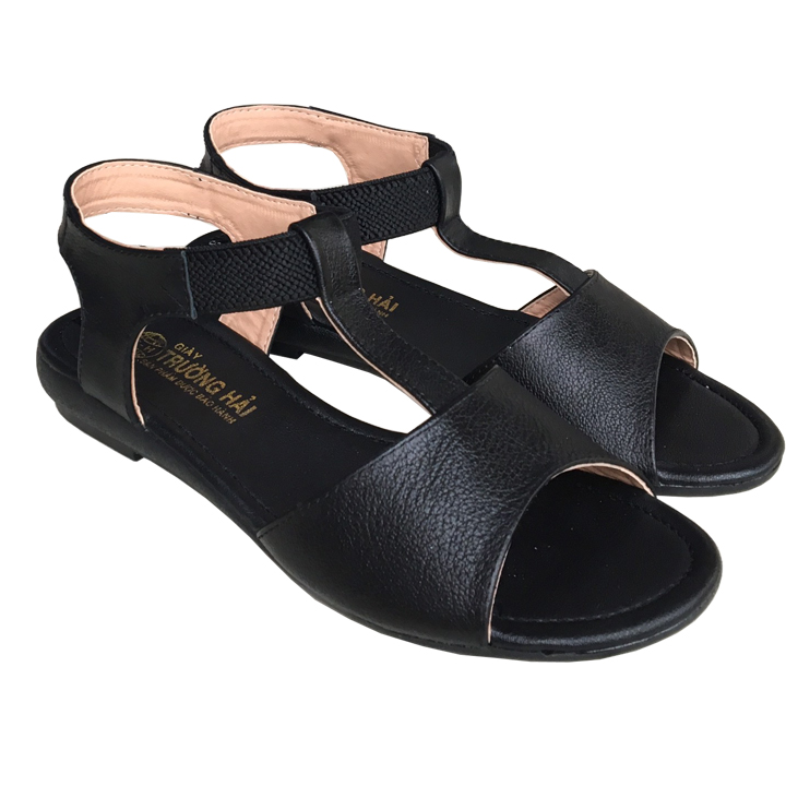 Giày Sandal nữ đế bằng da bò đen Trường Hải SD0539