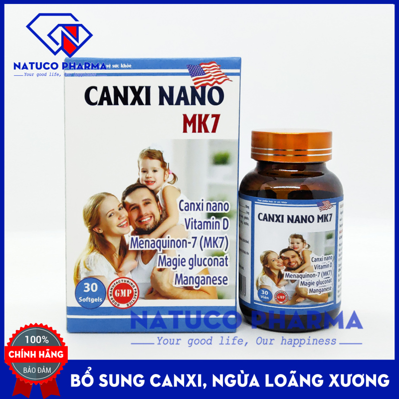 Viên uống Bổ sung Canxi Nano MK7 phát triển hệ xương, chắc khỏe xương và răng, giảm loãng xương, tăng chiều cao dùng cho trẻ em trên 12 tuổi, phụ nữ mang thai và cho con bú, người lớn- Hộp 30 viên chuẩn GMP