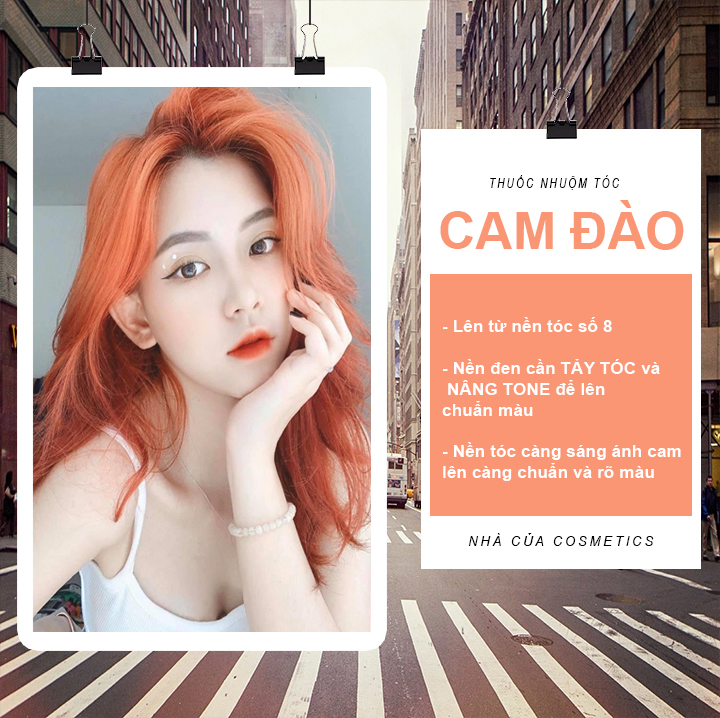 Thuốc nhuộm tóc màu cam đào tặng kèm thuốc tẩy tóc, trợ nhuộm oxy, bao tay và mũ chùm ủ tóc