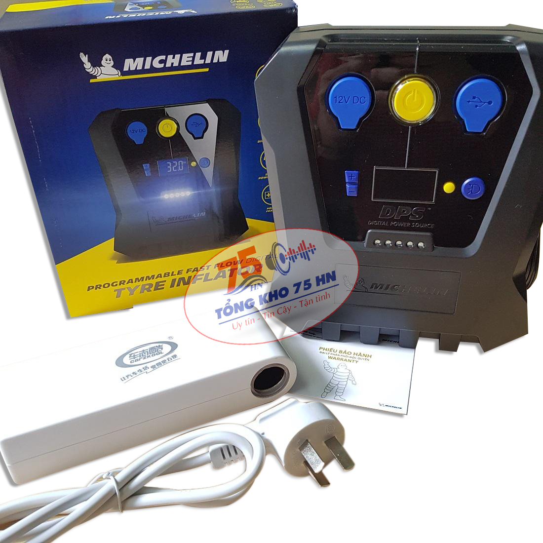 Combo tiện lợi! Bơm lốp tự ngắt Michelin 12266 Model mới + Chuyển nguồn 220v - 12v 120W chuyên dùng cho xe ô tô