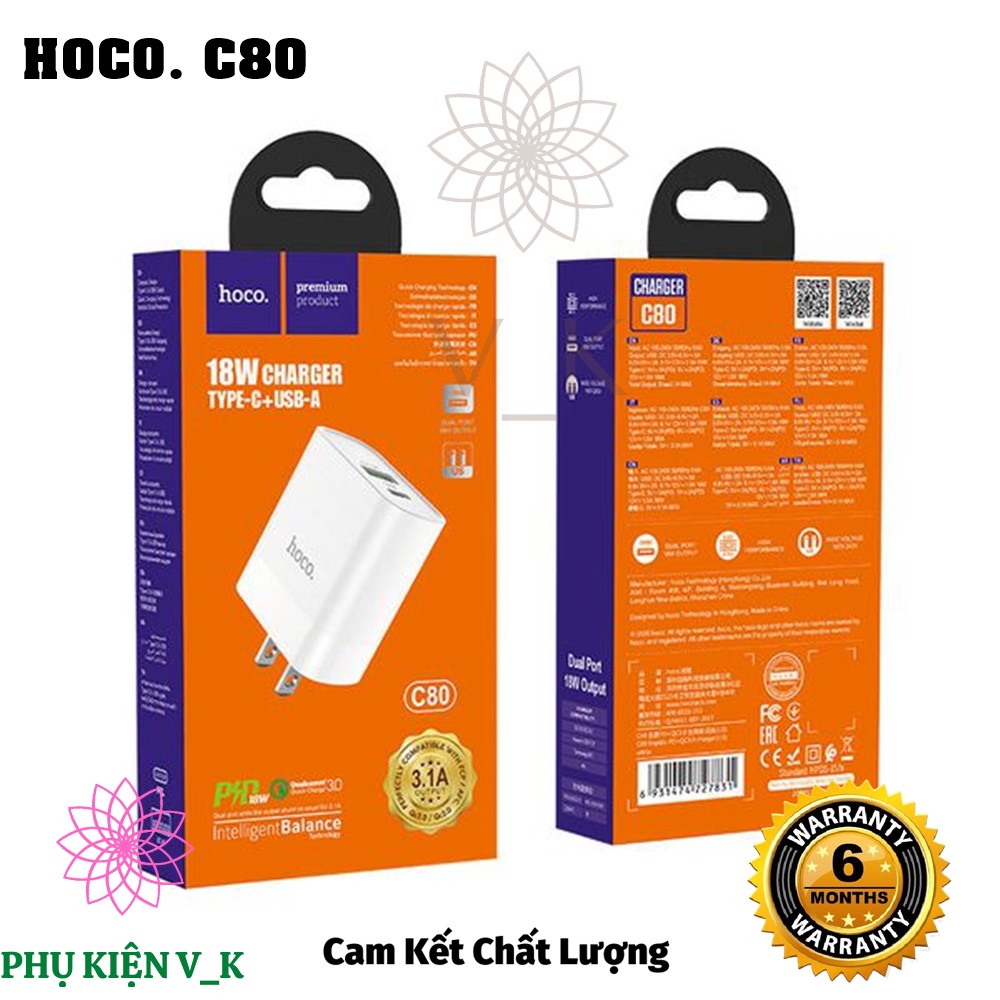 Bộ Củ Sạc Hoco C80 Type C - Hỗ trợ sạc nhanh QC3.0