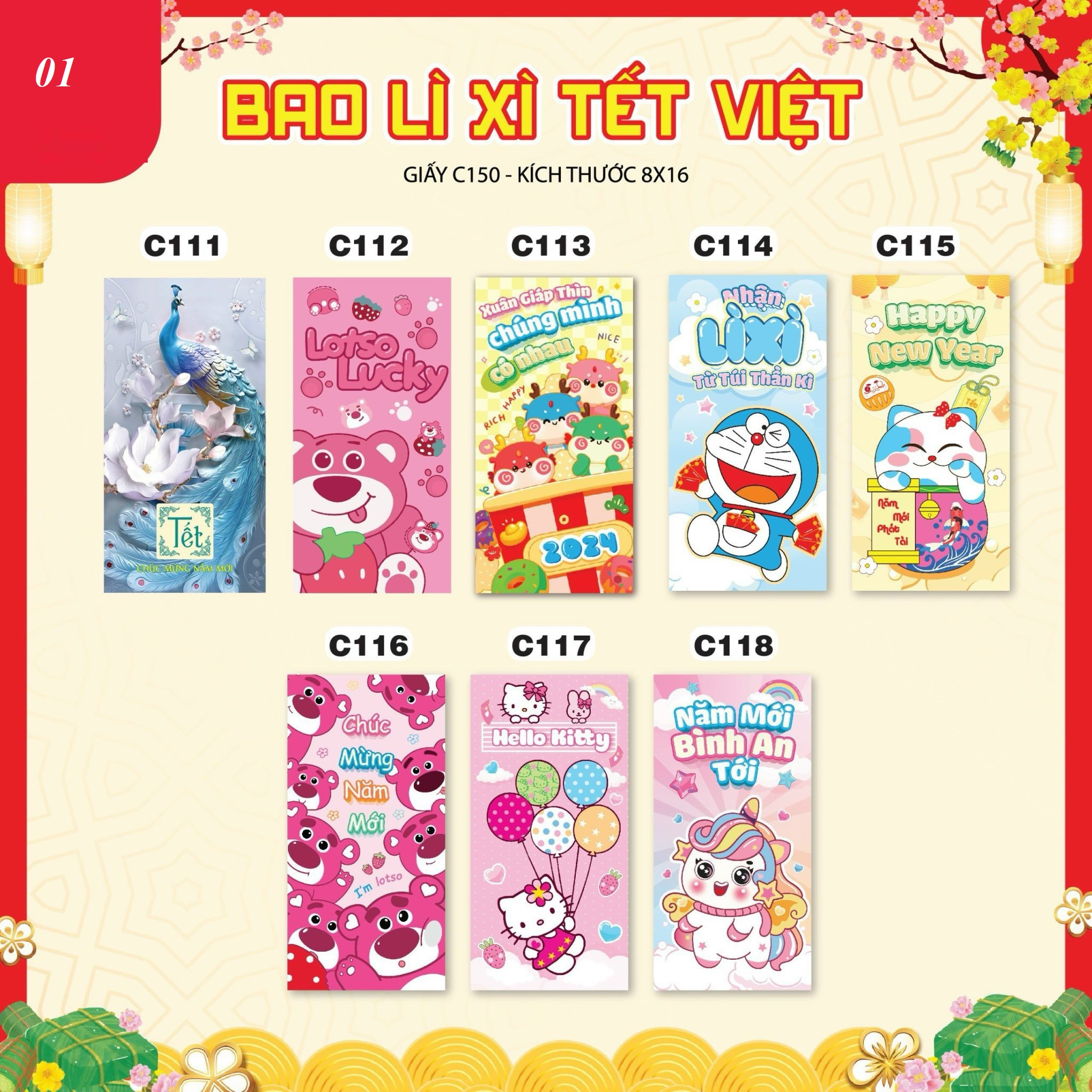 Sỉ 1000 bao lixi tết 60 mẫu - tặng kèm túi kiếng lì xì 2024