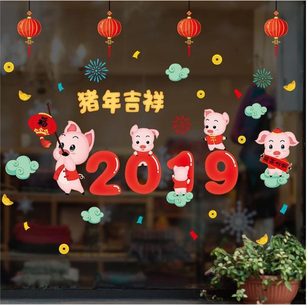Decal trang trí tết - chúc mừng năm con heo 2-0-1-9