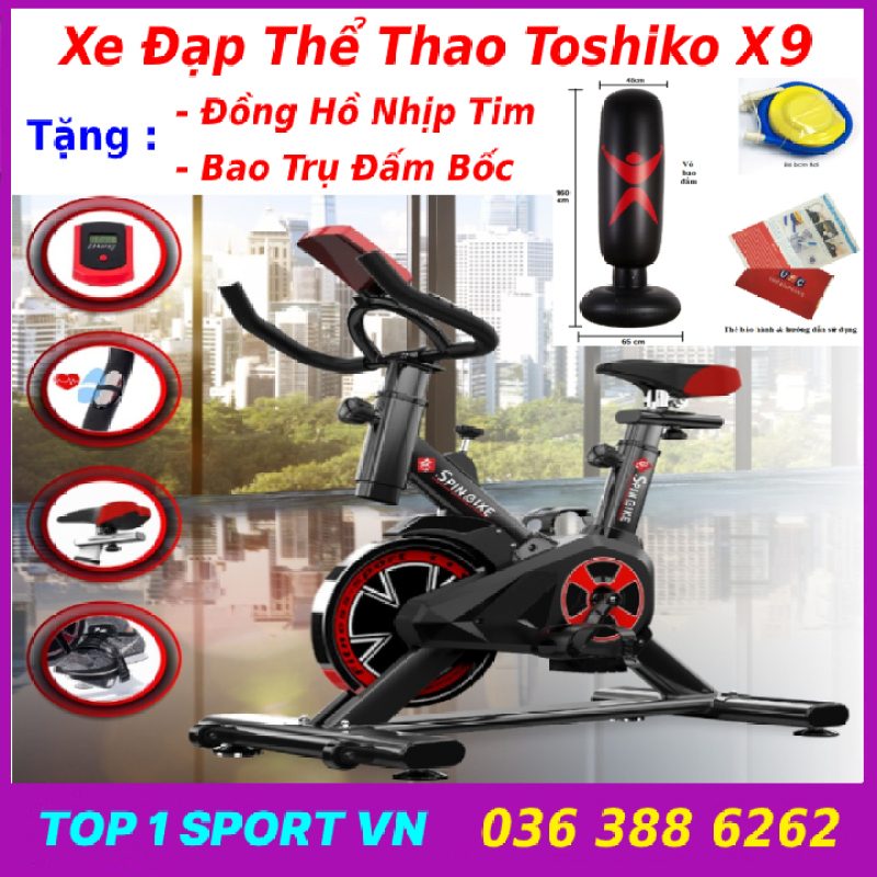 Xe đạp tập thể dục thể thao tập gym tại nhà Toshiko X9 chính hãng tặng kèm đồng hồ cảm biến nhịp tim + trụ đấm bốc - bảo hành 3 năm