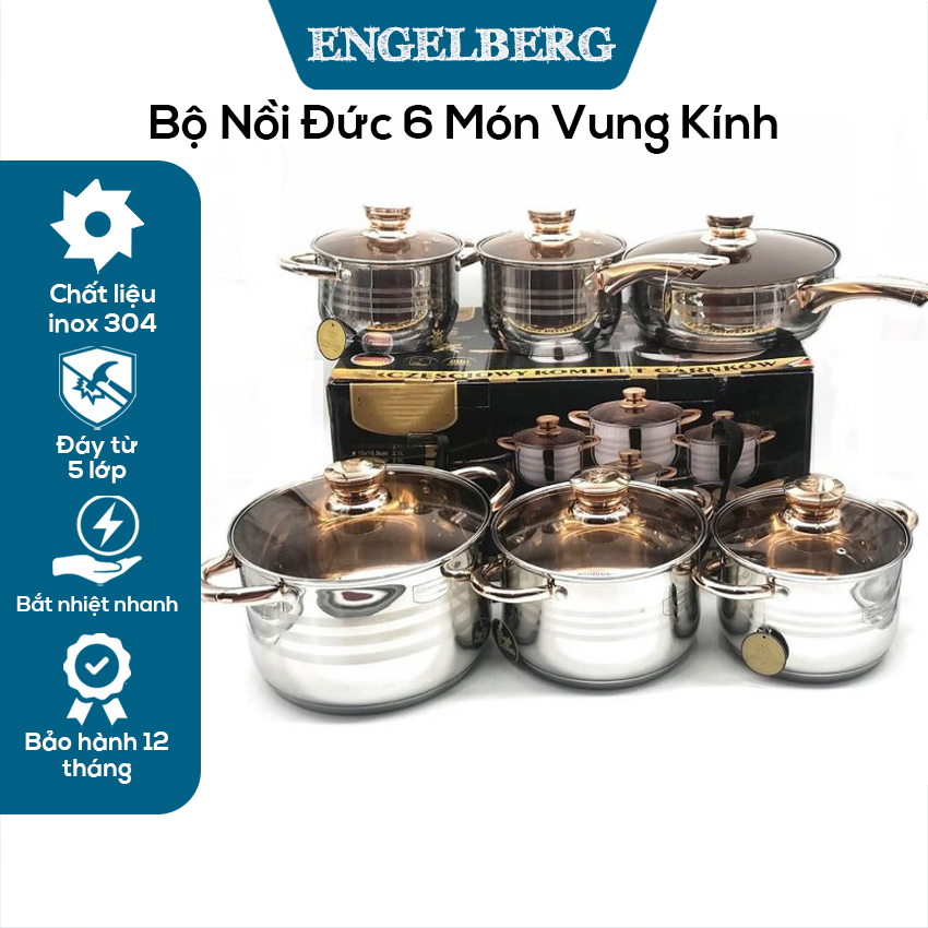 Bộ nồi từ, bộ nồi đức 6 món vung kính engelberg eb8013, chất liệu inox 304, 5 đáy. bảo hành 12 tháng