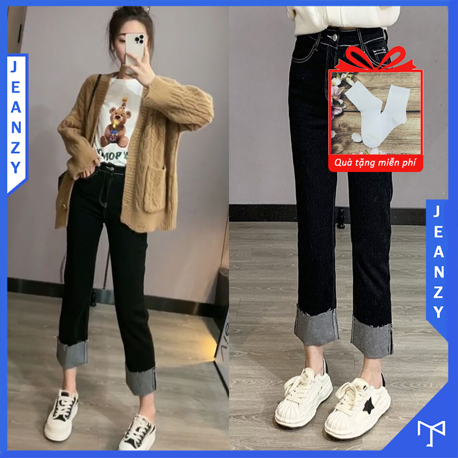 Quần jean chỉ nổi màu xanh tím than kiểu quần jean ống suông hot