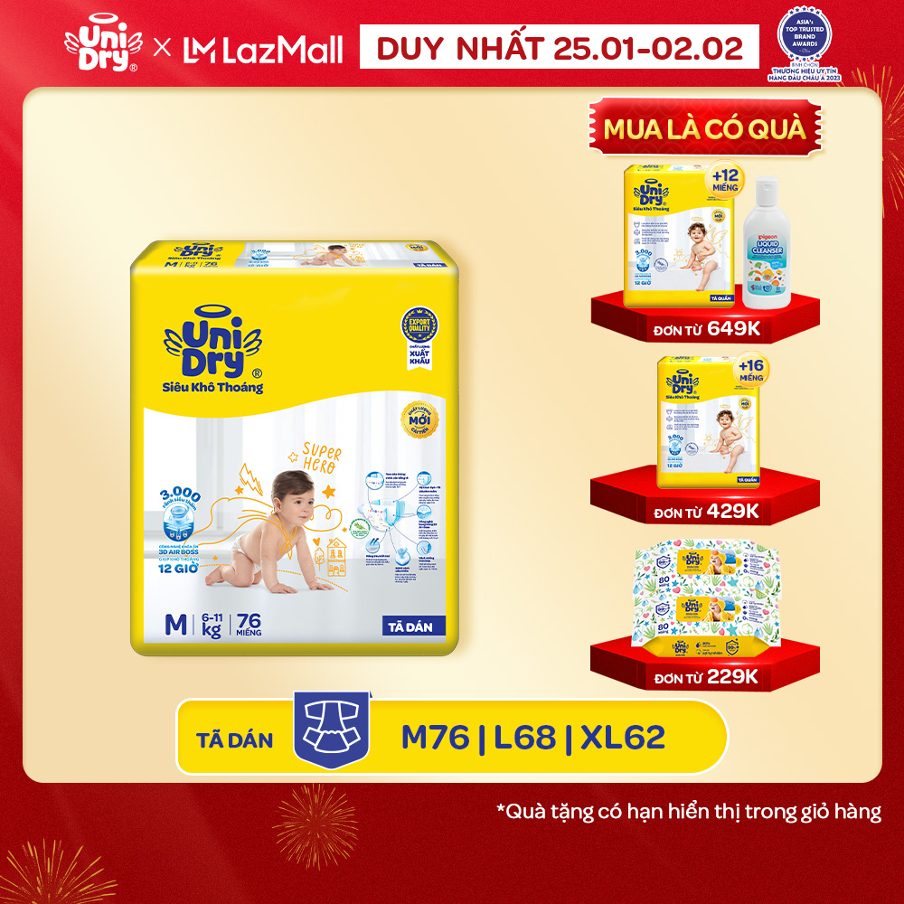 [HỎA TỐC 2H] Tã dán UniDry Siêu khô thoáng gói Super Jumbo mới size M76/L68/XL62