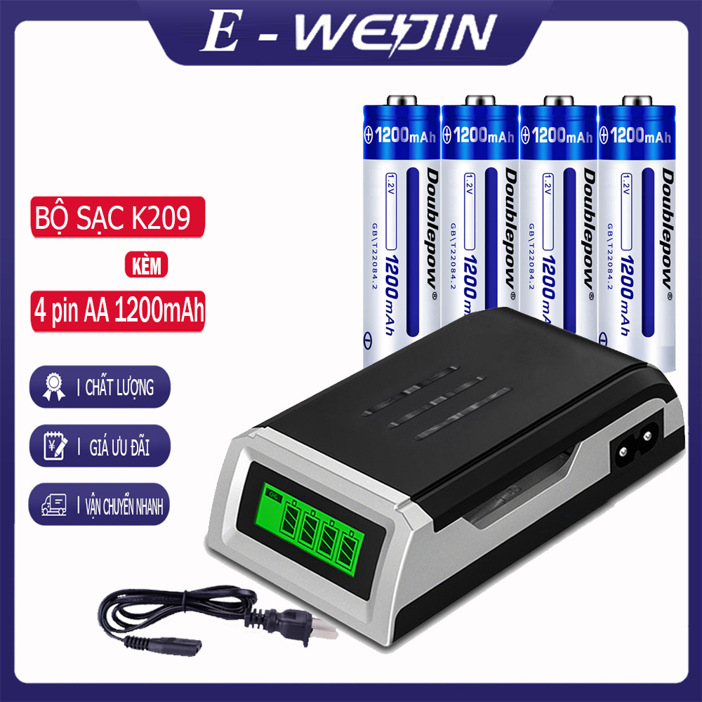 [K209 Đen+4 viên pin AA1200mAh] Bộ sạc pin tiểu (sạc pin AA, AAA) tốc độc cao Double pow, màn hình hiển LCD thông minh - DP-K209 -Đ + Tặng kèm 04 viên pin AA 1200mAh
