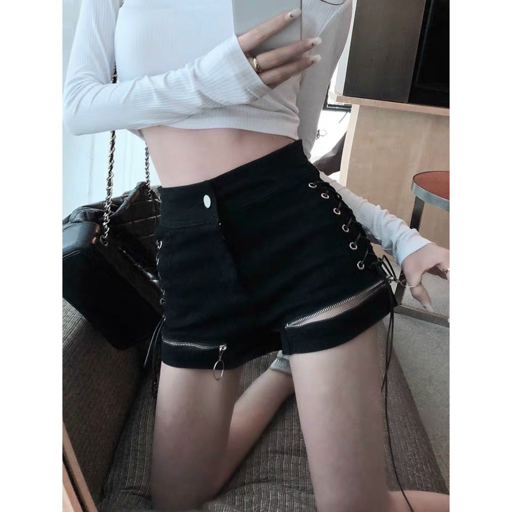 Quần short kaki lưng cao xỏ dây dây kéo ngang đùi 2 màu đen trắng , Quần short kaki lưng sexy 117