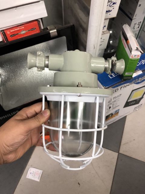 Đèn chống nổ treo 100w. Có lưới sắt bảo vệ.