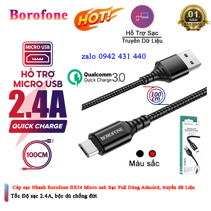 Cáp sạc nhanh dây dù borofone BX54 Micro Usb 2.4A