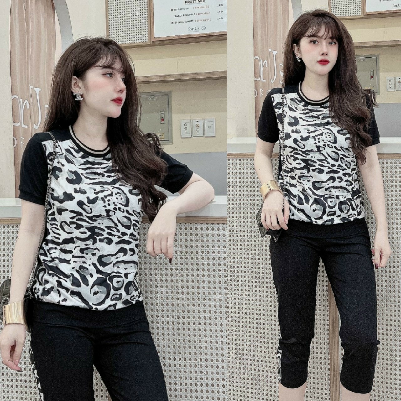 Đồ bộ lửng thun cotton họa tiết da beo (màu nâu, trắng)