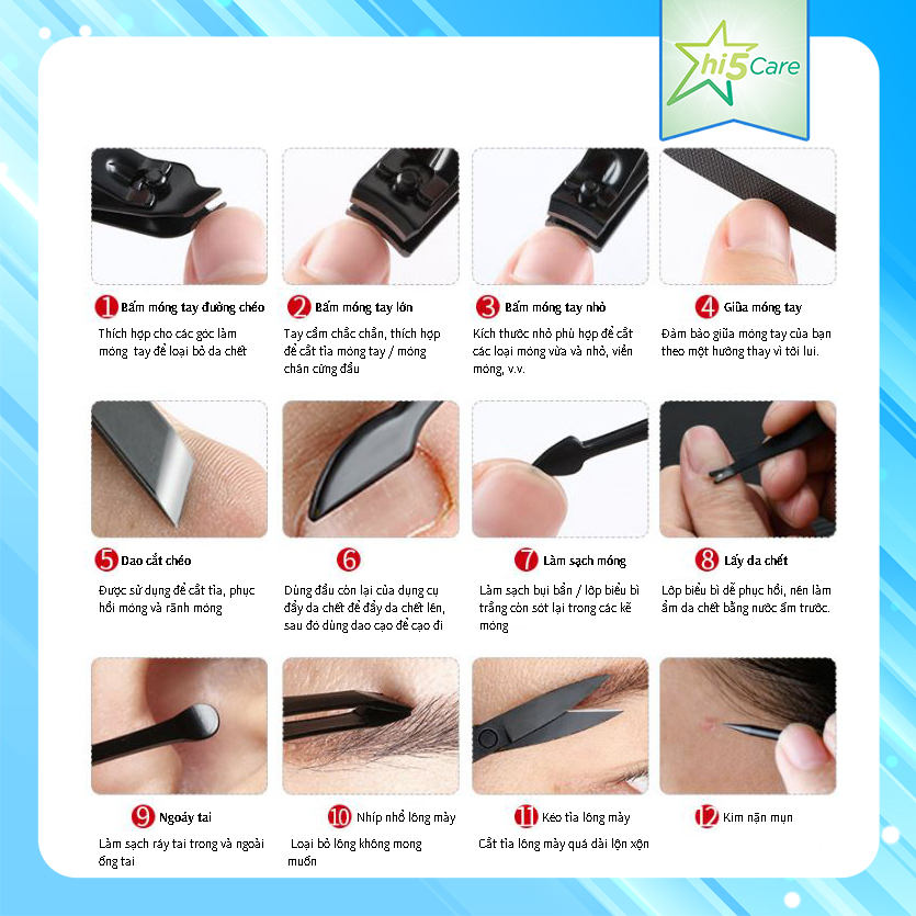 Bộ dụng cụ chăm sóc móng, chăm sóc cá nhân 12 món#xanh