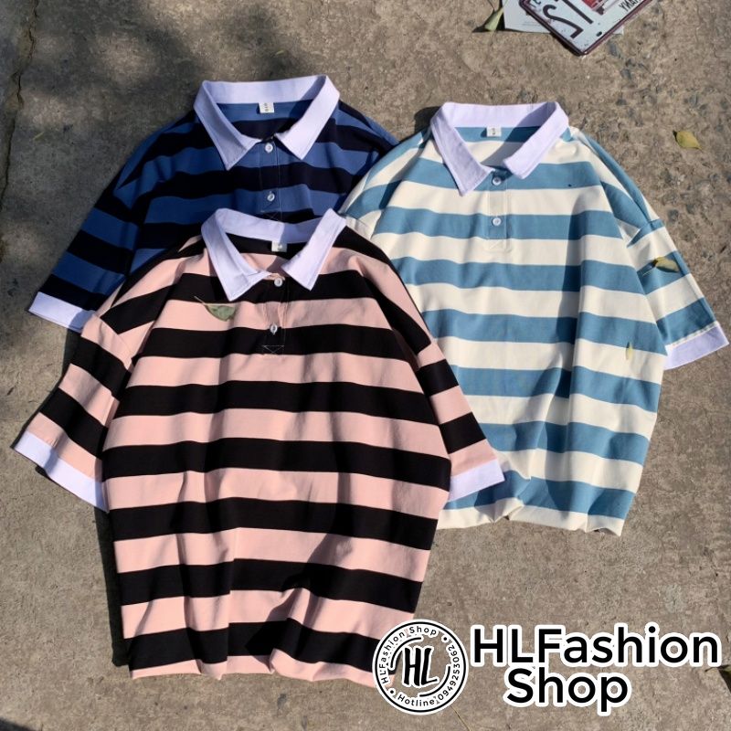 Áo polo thun cổ trụ Unisex sọc ngang to bản lịch sự đơn giản, áo thun có cổ HLFashion