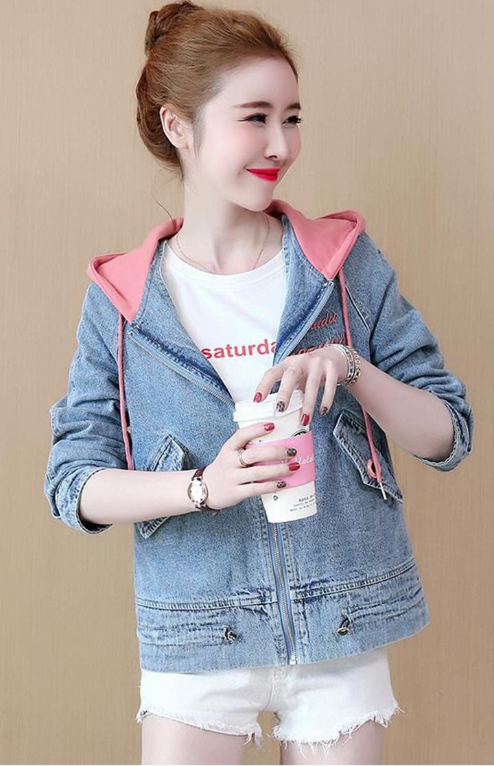 Áo khoác jean nữ nón trùm hong