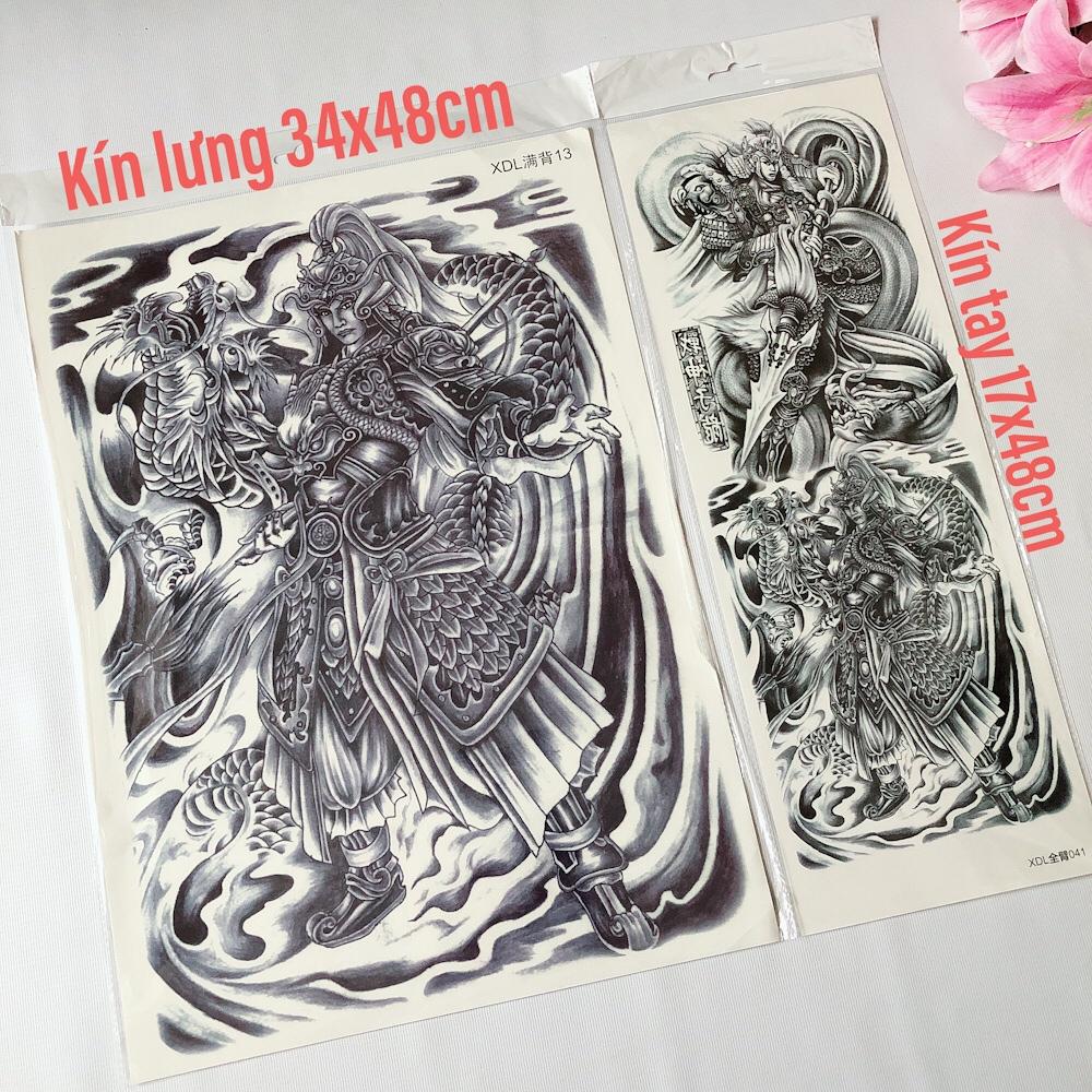 Combo 2 tấm hình xăm dán tattoo kín lưng 34x48cm và kín tay 17x48cm TRIỆU  TỬ LONG (Mua 2 tặng 1. Chọn mẫu tùy thích) cao cấp