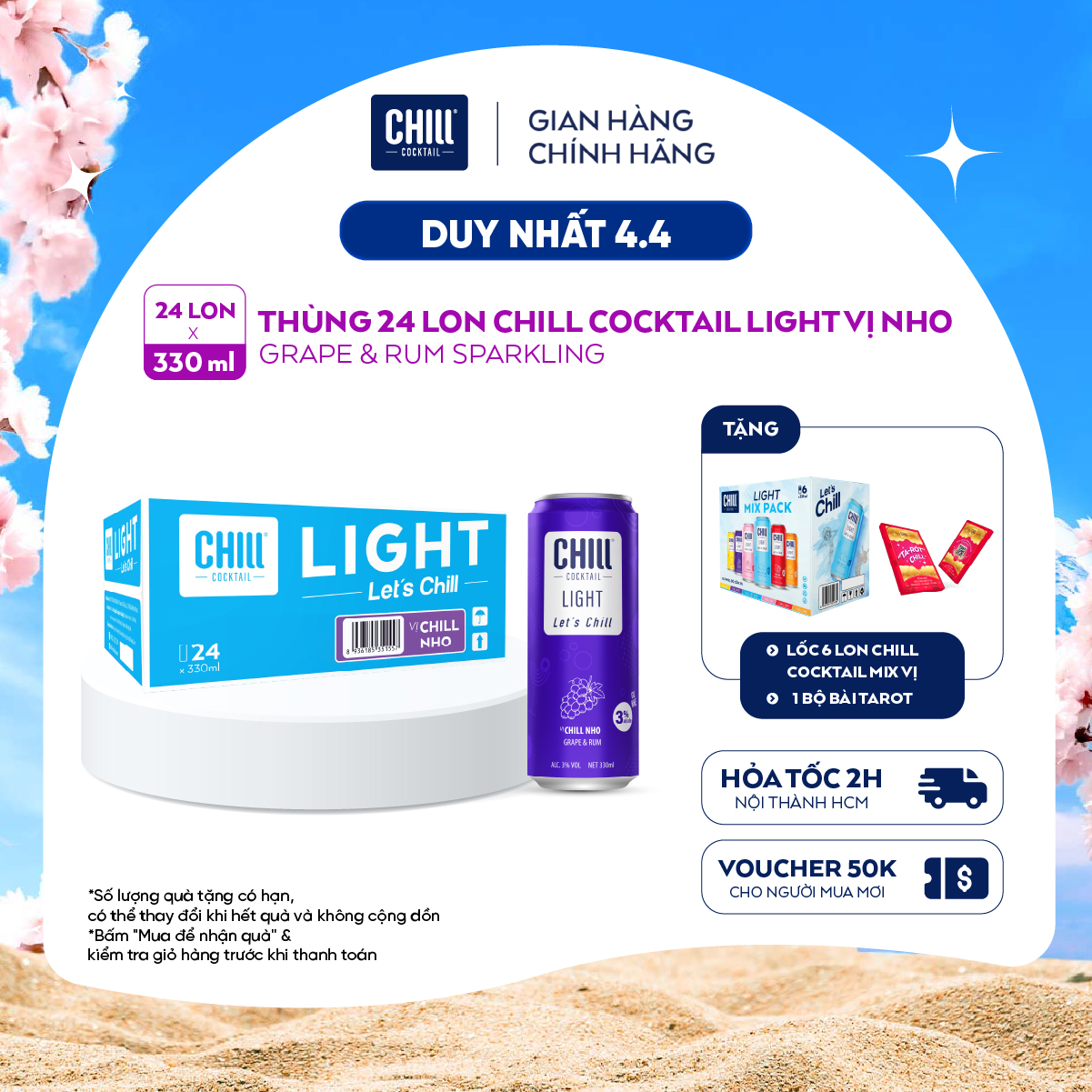 Thùng 24 lon Chill Cocktail vị Nho 330ml/lon (độ cồn 3%)