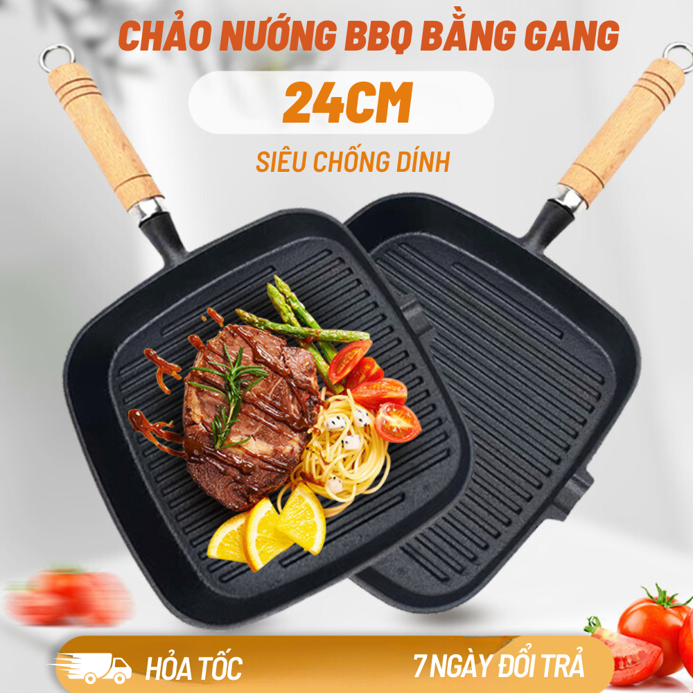 Chảo Nướng BBQ Hàn Quốc 22CM, Chảo Gang Đúc Thủ Công Siêu Chắc Chắn, Áp Chảo Bò Bít Tết Biến Bạn Thành 1 Đầu Bếp Khi Mua Nó