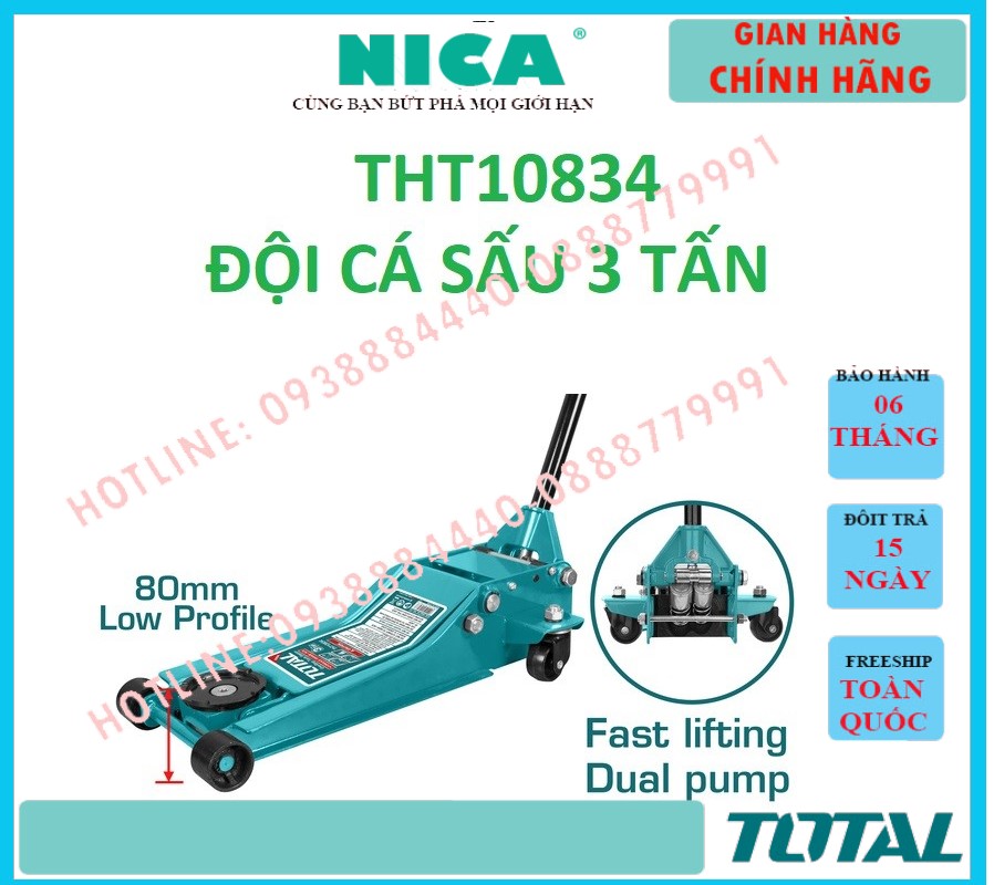 Đội cá sấu 3 tấn total tht10834 con đội nâng ô tô nâng tối thiểu 85mm, tối đa 515mm dùng trong sửa chữa, làm lốp xe ô tô