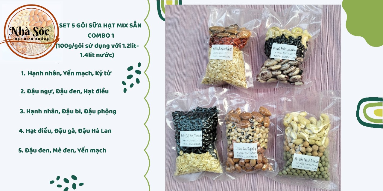 Set hạt dinh dưỡng làm sữa hạt [COMBO 5 NGÀY Mix sẵn 100g/gói]