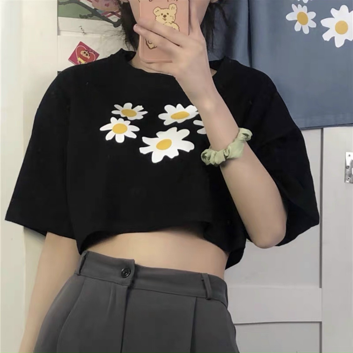 [HCM]Áo croptop hoa cúc from rộng