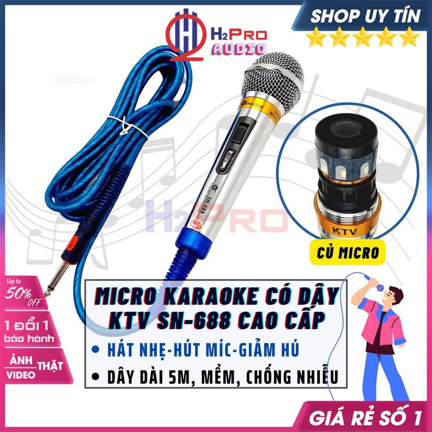 Micro có dây karaoke ktv sn-688, âm thanh trong, chống nhiễu, dây 5m, mic hát karaoke gia đình ktv cao cấp-h2pro audio