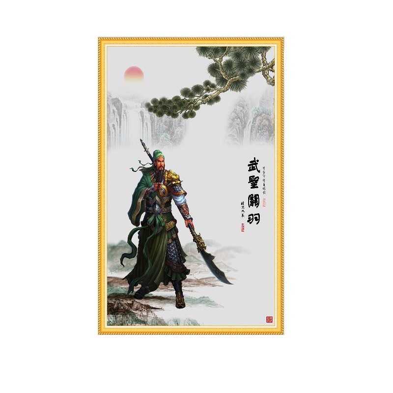 Tranh dán tường lối vào khổ dọc VTC Quan Công võ thánh - Quan Vũ DOC069 kim sa