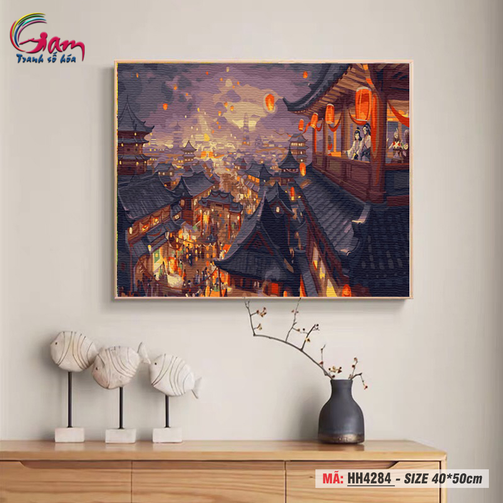 Tranh trang trí treo tường sơn dầu tự tô Gam lễ hội đèn lồng Nhật Bản HH4284