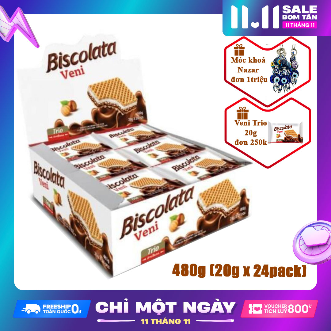 Bánh xốp Biscolata Veni Trio nhân sữa và kem hạt phỉ