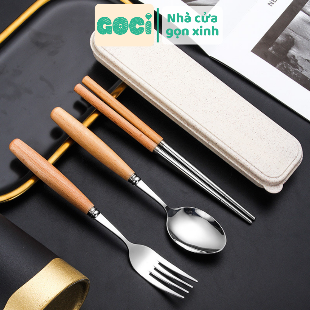 Bộ thìa dĩa đũa inox cán gỗ có hộp đựng lúa mạch cao cấp an toàn cho sức khoẻ