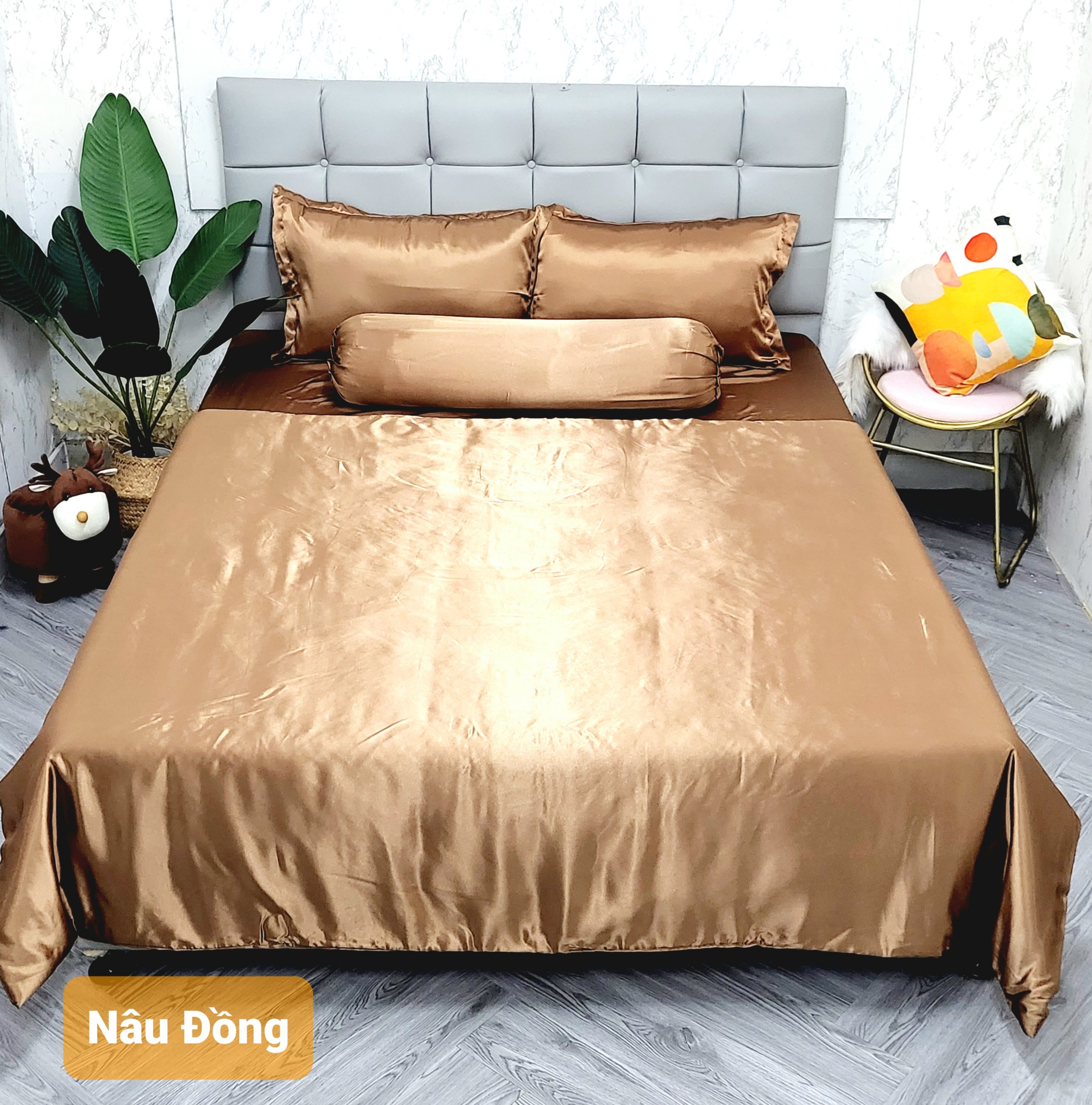 ✅hot🔥 chăn ga phi lụa thái tuấn cao cấp loại 1 - mã màu phi lụa nâu đồng, bộ 5 món,4 món, mền chần bông, ga lẻ đủ size - nệm tốt