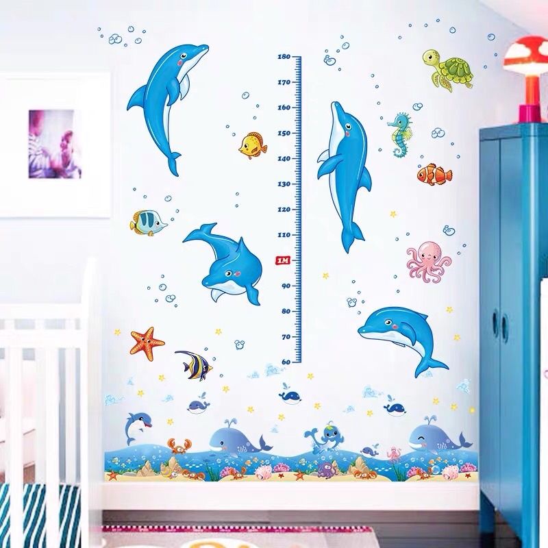 Decal dán tường, tranh dán tường thước đo cá heo và chân tường cá heo