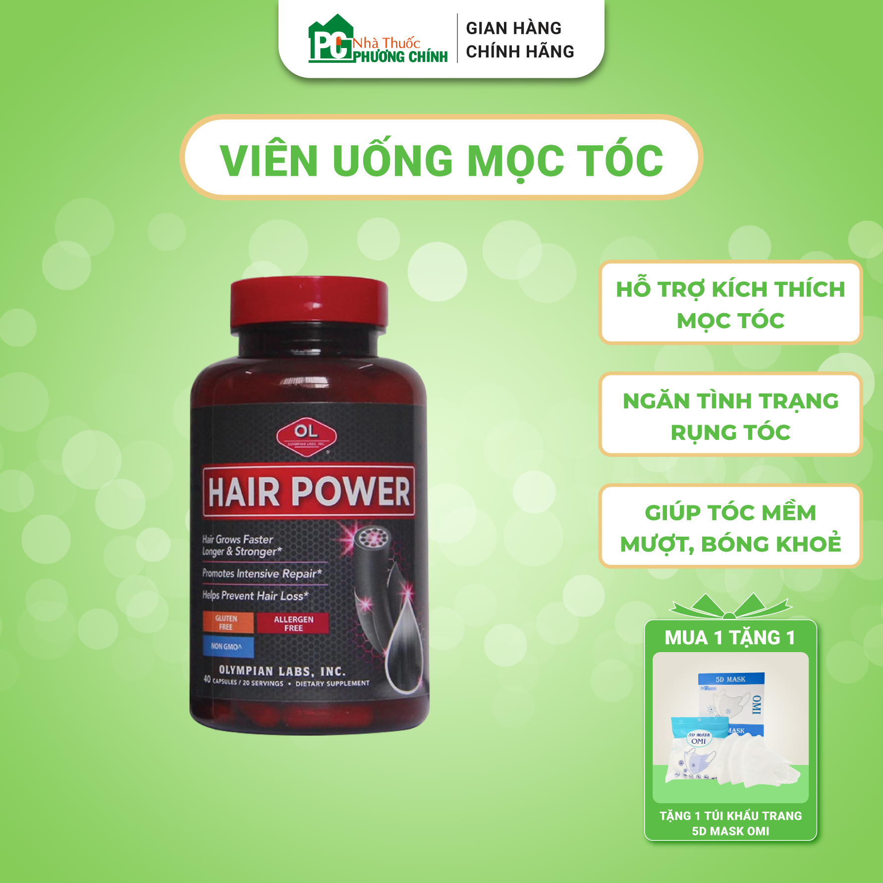 Viên uống olympian labs hair power giảm gãy rụng, kích thích tóc mọc hiệu quả 40 viên