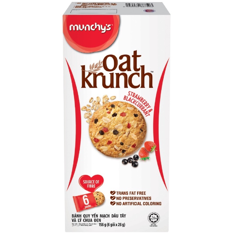 Bánh Quy Munchy's Yến Mạch Oat Krunch Dâu Tây & Lý Chua Đen (Hộp 6 gói)