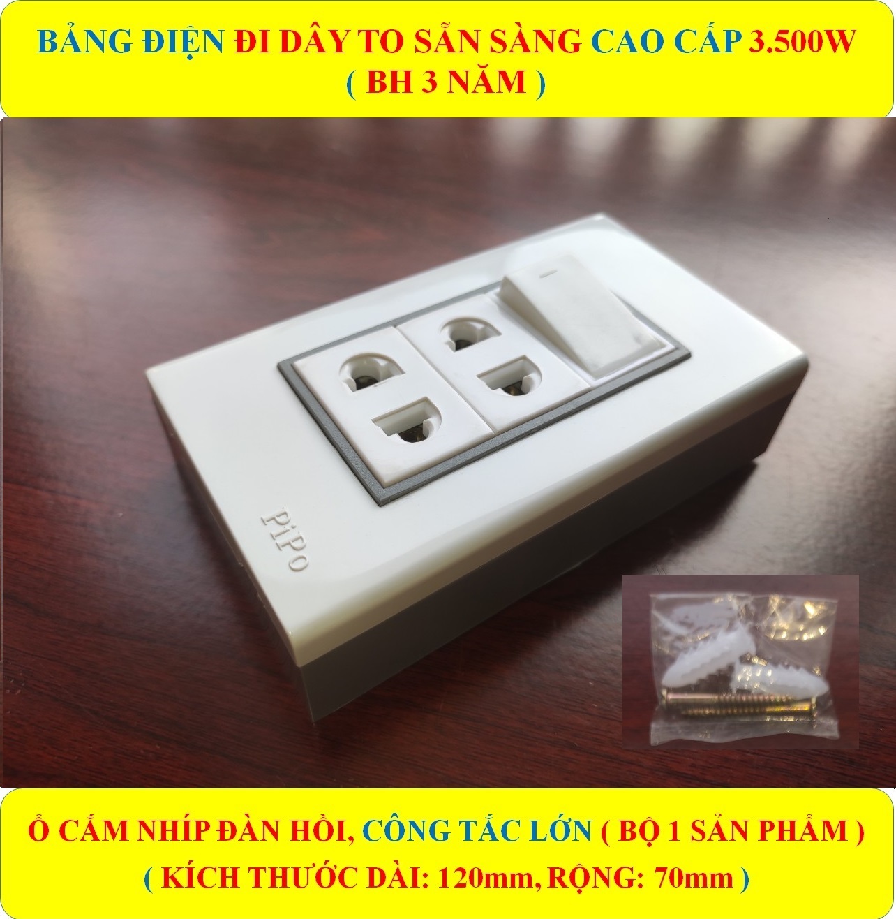 Bảng điện lắp nổi gắn tường CAO CẤP (3500W) + BH 3 NĂM + 1 Công tắc +  2 Ổ cắm nhíp chống giãn  + Đi dây sẵn sàng đầy đủ + Bộ ốc vít lắp đặt (bộ 1 sản phẩm)